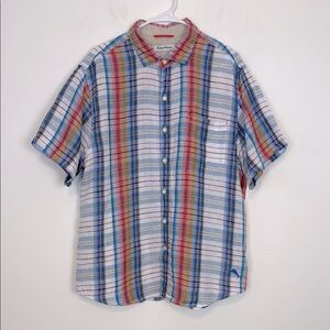 Men’s Tommy Bahama Multi Color Plaid Button Down 100% Linen Shirt. Size Large.